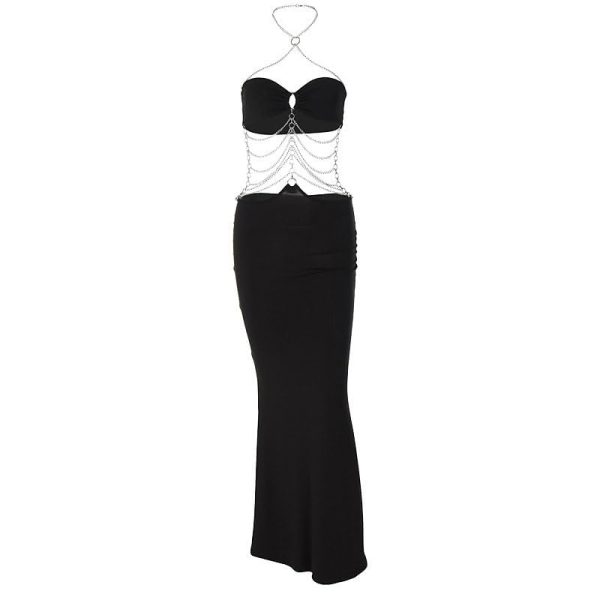 31PsAHJQFIL.jpg Halter Neck Hollow Out Dress for Women Sexy Chain Detail Summer Party Club Dresses