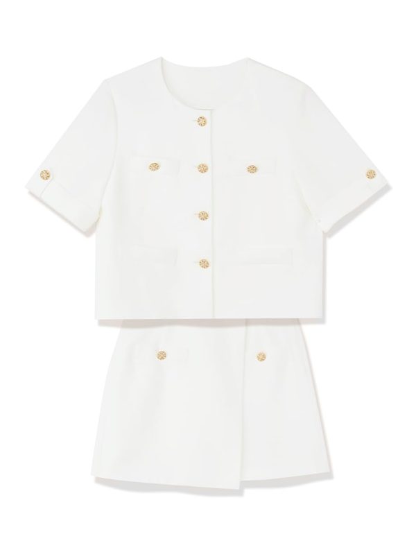 31jHBA8hRxL.jpg Women's 2 Piece Suit Sets White Acetate Short Sleeve Blazer Jacket and Skirt Shorts Business Casual Outfits