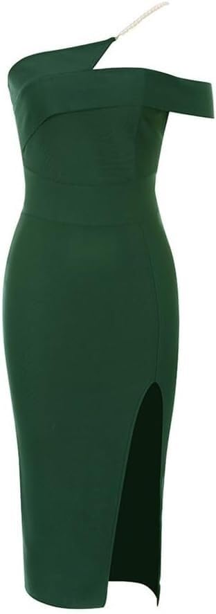 31qeX2VDxyL.jpg Modern Classic Green Slant Shoulder Side Split Slim Fit Dress Womens Sexy Backless Bodycon Party Dress