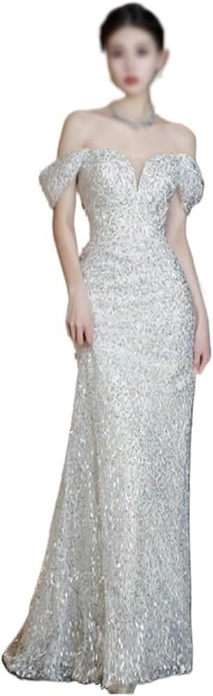 411Sqr5gY7L.jpg Elegant Flat Shoulder Slim Fit Evening Gown for Women Formal Toasting Banquet Long Dress