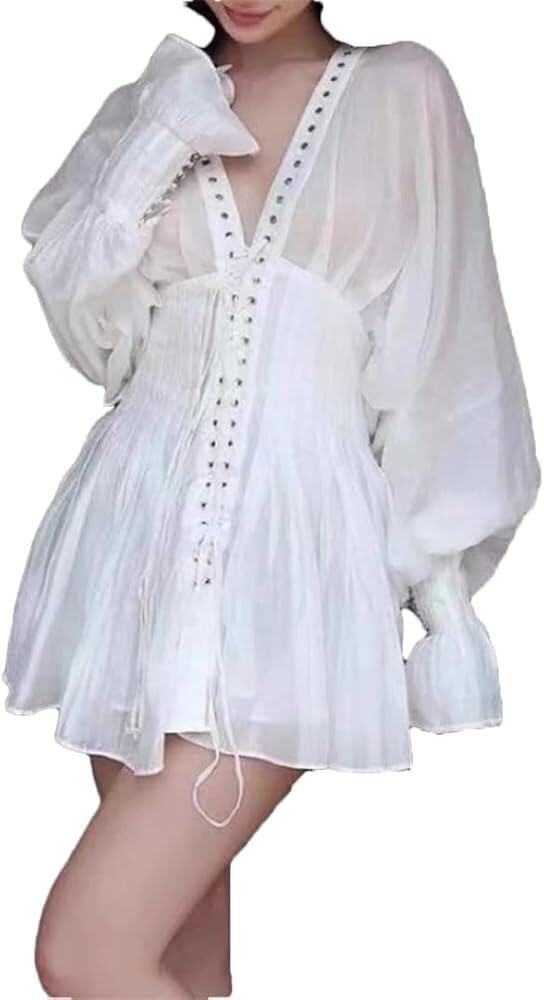 41HXUELO9SL.jpg Modern Summer Minimalist Mini Dress Women V Neck Lace Up Casual Everyday Dress