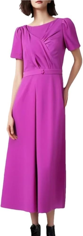 41ILhr2i3TL.jpg Women’S Round Neck Solid A Line Dress Summer Short Sleeve Midi Casual Party Robe for Evening Party