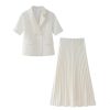 41PDQXfUCML.jpg Women's Elegant Romantic Short Sleeve Blazer Skirt Set Lapel Buttoned Suit Pleated Skirt Set