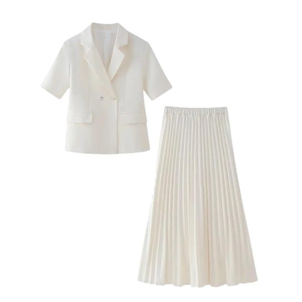 41PMT8ZZ8YL.jpg Women's Elegant Romantic Short Sleeve Blazer Skirt Set Lapel Buttoned Suit Pleated Skirt Set