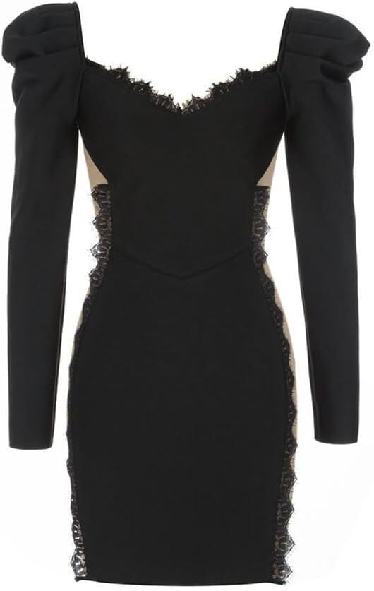 41ZIZbN0ZWL.jpg Womens Sexy Black Lace Party Dress V Neck Splicing Bodycon Evening Dinner Cocktail Dress