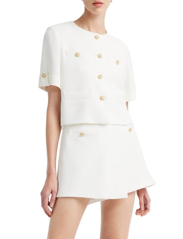 41gvypWwML.jpg Women's 2 Piece Suit Sets White Acetate Short Sleeve Blazer Jacket and Skirt Shorts Business Casual Outfits