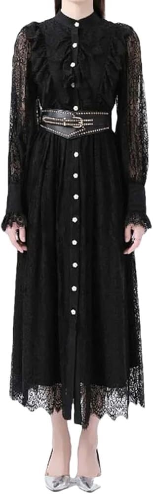 41i8UNb57DL.jpg Vintage Lace Midi Dress Women O Neck Puff Sleeves Empire Waist Hollow Out A Line Single Breasted Dress