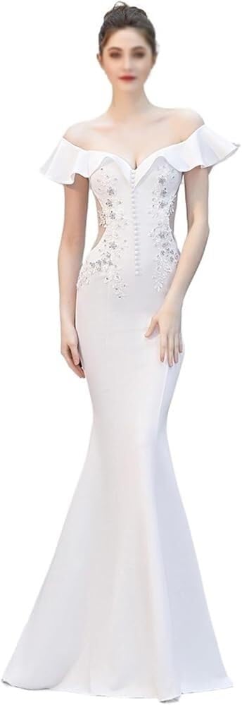 41jNYvwBqcL.jpg White Wedding Toast Dress for Women Slim Fit Formal Reception Gown Thank You Dinner Evening Dresses