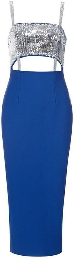 41svS5pa3vL.jpg Womens Sexy Halter Cocktail Dress Splicing Sequins Hollow Out Bodycon Party Dress