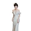 41yA1gz0UL.jpg Elegant Flat Shoulder Slim Fit Evening Gown for Women Formal Toasting Banquet Long Dress