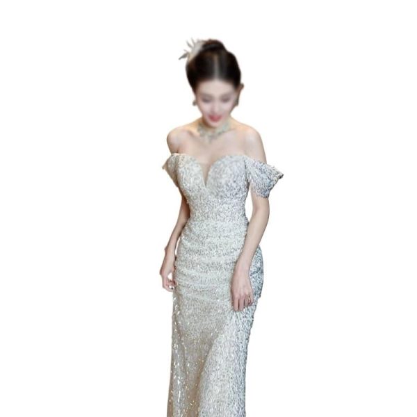 41yA1gz0UL.jpg Elegant Flat Shoulder Slim Fit Evening Gown for Women Formal Toasting Banquet Long Dress