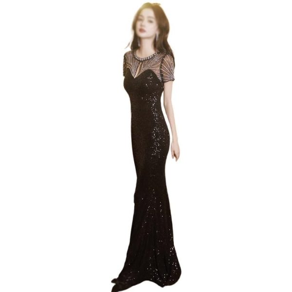 41yaVsLe9vL.jpg Elegant Round Neck Black Sequin Cocktail Dress Women Formal Party Evening Dress