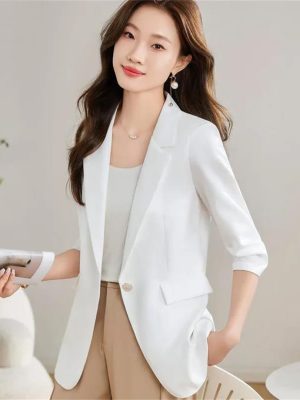 51-dAv1h2hL.jpg Women Spring Summer Professional Slim Half Sleeve Jacket Office Work Coat Tops White Blazer