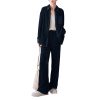 511dJXm13L.jpg Women's Silky Velvet Suit - Contrast Trim Shirt & Wide-Loose Pants Elegant Style