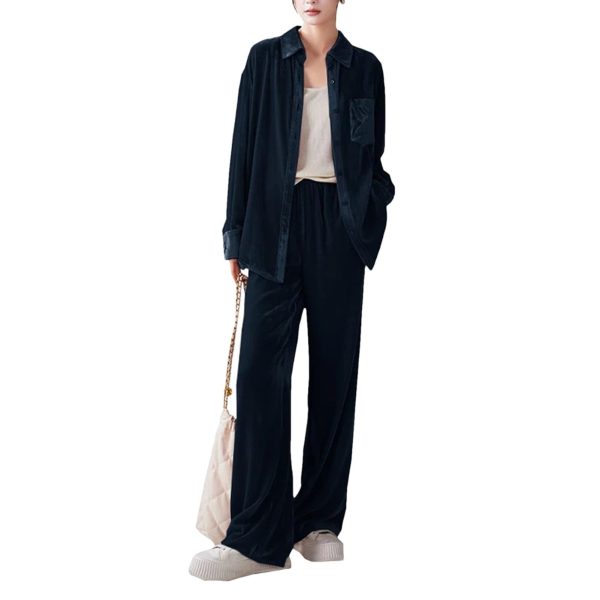 511dJXm13L.jpg Women's Silky Velvet Suit - Contrast Trim Shirt & Wide-Loose Pants Elegant Style