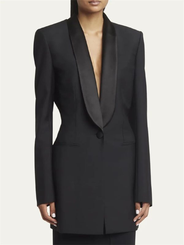 Women Autumn Single Button Backless Full Sleeve Ladies Black Blazer Coat Long Suit Jacket