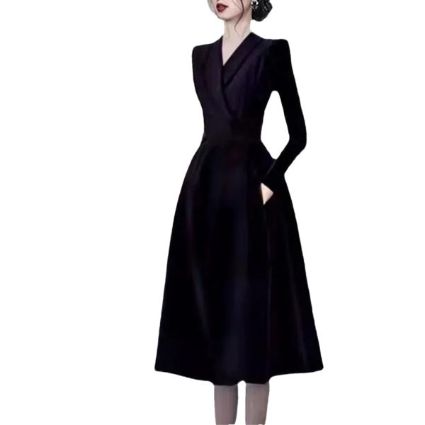 514KQXkN6SL.jpg Women's Notched Suit Midi Dress - Office Lady Slim Black Long Sleeve