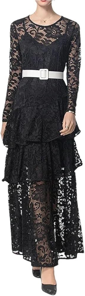 517BDEoAdCL.jpg French Long Sleeved Lace Hollow Out Dress Summer Slim fit Casual Flowing Long Skirt Elegant Women’s Cocktail Prom Evening