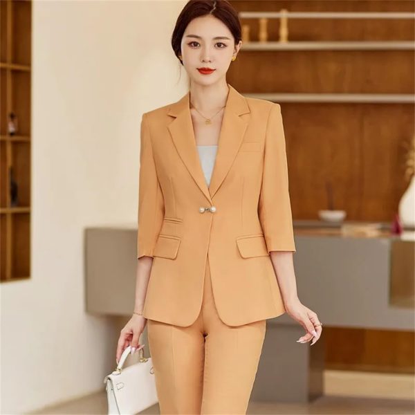 5182Z0JOi2L.jpg Women Summer Temperament Style Professional Slim Blazer and Pants Two Piece Sets Office Work Wear Yellow Suits