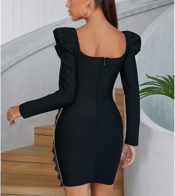 51AtMML5K1L.jpg Womens Sexy Black Lace Party Dress V Neck Splicing Bodycon Evening Dinner Cocktail Dress