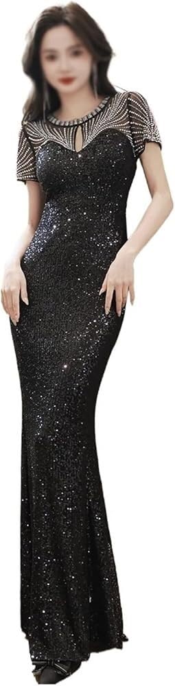 51BAbXuRPL.jpg Elegant Round Neck Black Sequin Cocktail Dress Women Formal Party Evening Dress
