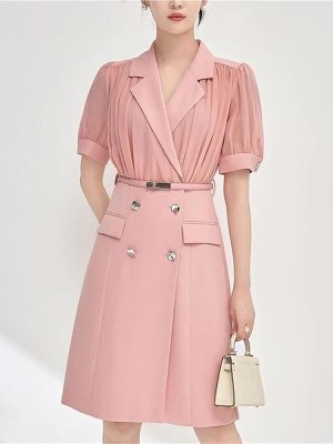 51Dxwaita-L.jpg Women's Chiffon Patchwork Suit Dress Short Sleeve Notched Collar Summer Office Lady Fashion Midi Dresses