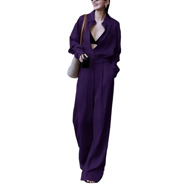 51G4yvTvl5L.jpg Women's Linen Business Set - Brown Shirt & Wide Leg Pants Elegant Professional Attire