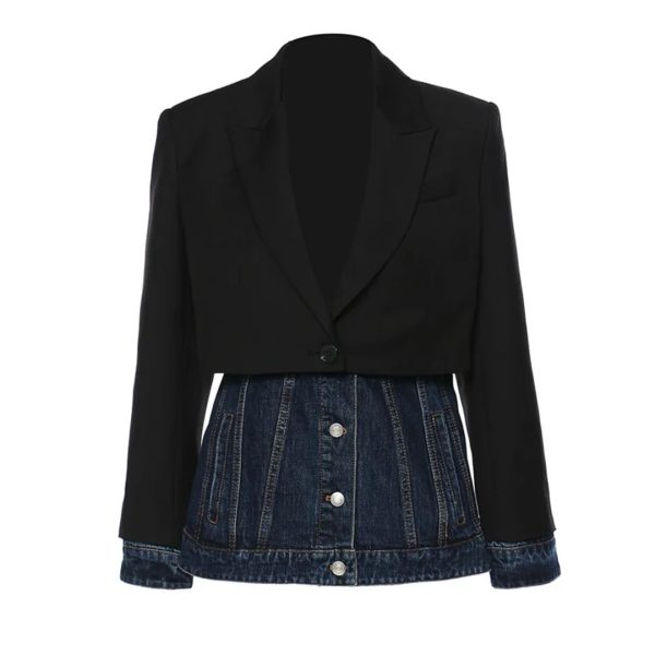51GhLJ4SegL.jpg Women Blazer Denim Patchwork Fake Two Blazers And Jackets Color Matching Asymmetry Suit Coats