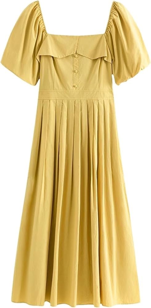51GotEAoh7L.jpg Romantic Floral Midi Dress for Women Summer Square Neck Chiffon Tulle Short Sleeve Ruffled Party Guest Dress