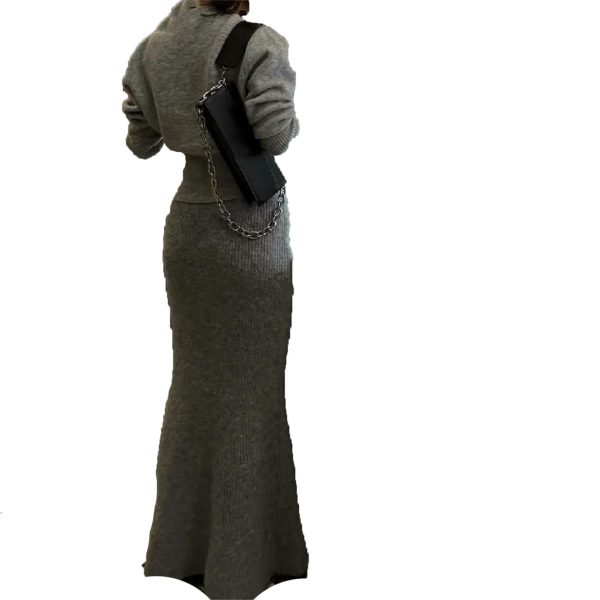 51H0M5ECFqL.jpg Women's Knit Maxi Set - Bat Wing Sleeve V-Neck Sweater & A-Line Contour Skirt in Heather Gray