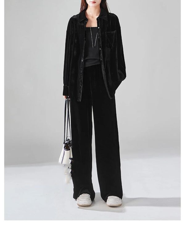 51JX62TI96L.jpg Women's Silky Velvet Suit - Contrast Trim Shirt & Wide-Loose Pants Elegant Style