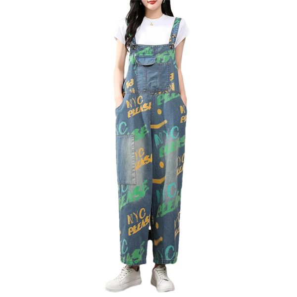 51JyHjTEItL.jpg Women Printed Denim Overalls Sleeveless Wide Leg Denim Jumpsuits Loose Vintage Jumpsuits