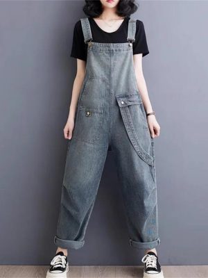 51KUzU4x59L.jpg Womens Blue Vintage Big Pockets Streetwear Overalls Long Jumpsuit Loose Rompers Denim Jumpsuits