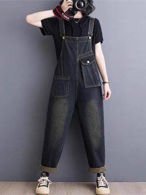 51KaX9D8HHL.jpg Women Pockets Ladies Long Jumpsuits Sleeveless Rompers Woman Blue Straight Jeans Jumpsuit