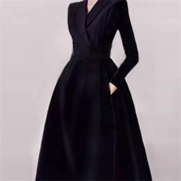 51NMhWNjVLL.jpg Women's Notched Suit Midi Dress - Office Lady Slim Black Long Sleeve