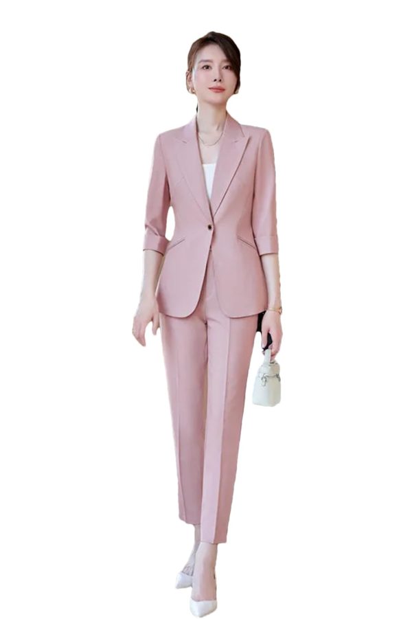 51NgjHTyYuL.jpg Women Half Sleeve Elegant Business Suits Spring Summer Formal Uniform Designs Pantsuits Professional Blazers Trousers Sets