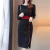 51OOdDqrPpL.jpg Women Contrast Color Elegant Temperament Party Dresses Office High Waist Long Sleeve Slim Midi Dress