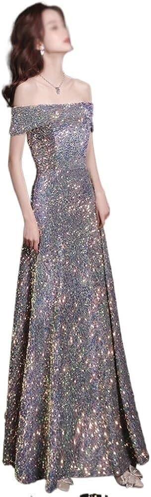 51Px8roKnLL.jpg Shiny Sequin Off Shoulder Evening Dress for Women Classic Luxury Banquet Party Gown