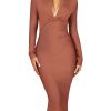 51R8gugnN-L.jpg Women's Deep Plunge V Neck Long Sleeves Draped Knee Length Bodycon Bandage Dress