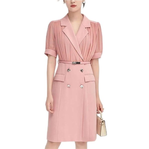 51TCk6nU2LL.jpg Women's Chiffon Patchwork Suit Dress Short Sleeve Notched Collar Summer Office Lady Fashion Midi Dresses