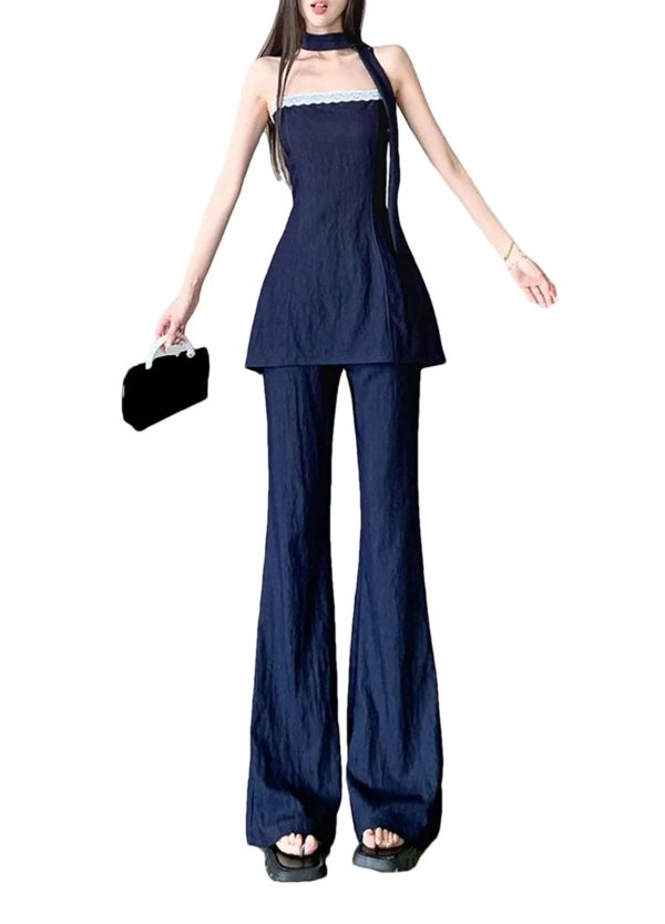 51WT8gStU1L.jpg Women's Lace Trim Set - V-Neck Halter Top & Draped Pants