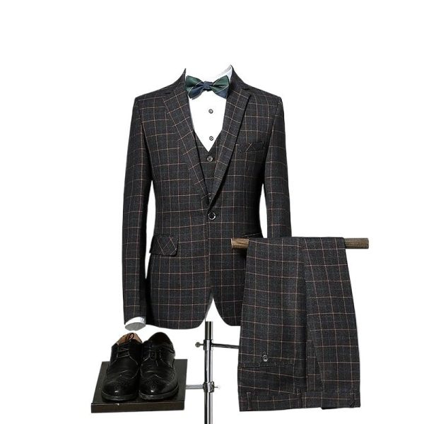 51a2wxf2XRL.jpg Mens Business Suit Three Piece Plaid Outfit Classic Formal Wear Versatile Set Slim Fit Office Tuxedo Apparel
