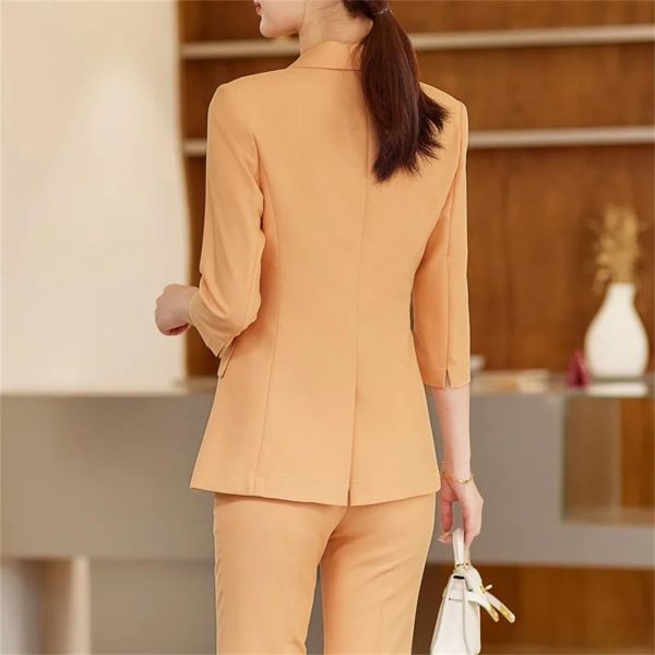 51amZNO9EL.jpg Women Summer Temperament Style Professional Slim Blazer and Pants Two Piece Sets Office Work Wear Yellow Suits