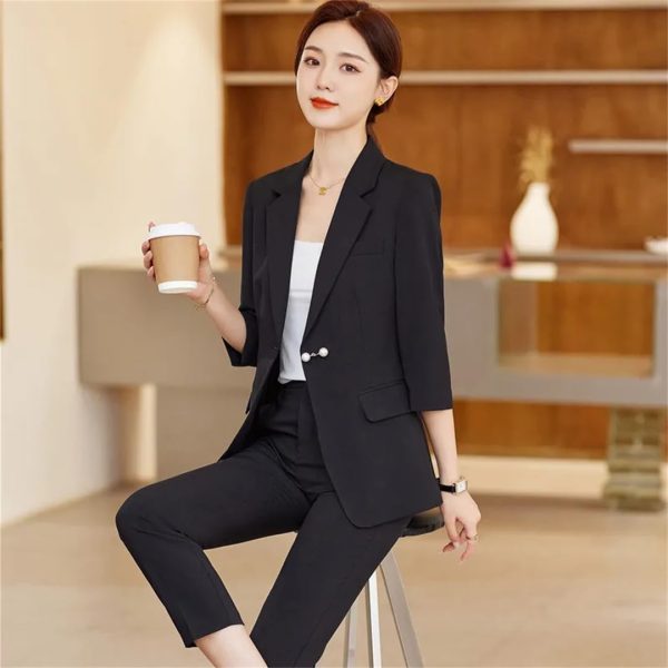 51bE3W3Pe8L.jpg Women Summer Temperament Style Professional Slim Blazer and Pants Two Piece Sets Office Work Wear Yellow Suits