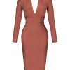 51cFVIn-c8L.jpg Women's Deep Plunge V Neck Long Sleeves Draped Knee Length Bodycon Bandage Dress