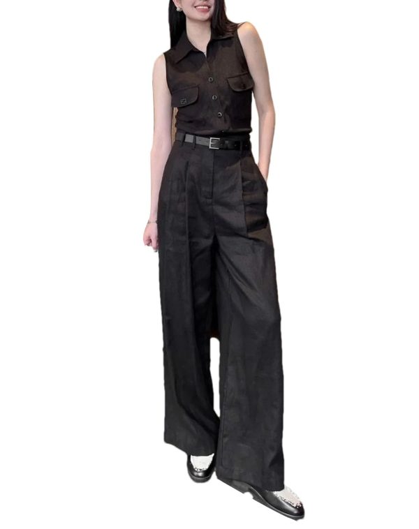 51dV7gyaHeL.jpg Women's Linen Vest Set - High Waist Wide Leg Pants