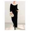 51egyh1BfqL.jpg Plus Size Women's Velvet Suit - Fashion Collar Blouse & Wide Leg Trousers Contemporary Silhouette