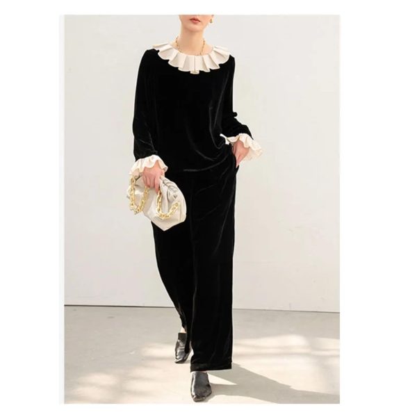 51egyh1BfqL.jpg Plus Size Women's Velvet Suit - Fashion Collar Blouse & Wide Leg Trousers Contemporary Silhouette