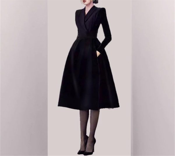 51ewk4BpKaL.jpg Women's Notched Suit Midi Dress - Office Lady Slim Black Long Sleeve