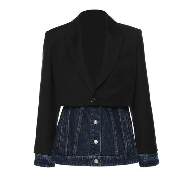 51g3FA3HpZL.jpg Women Blazer Denim Patchwork Fake Two Blazers And Jackets Color Matching Asymmetry Suit Coats